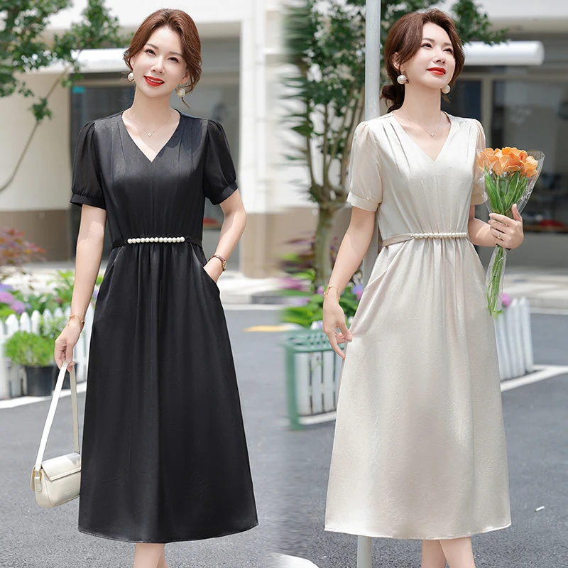 高档时尚阔太太中长款过膝V领气质妈妈夏季收腰显瘦遮肚女连衣裙