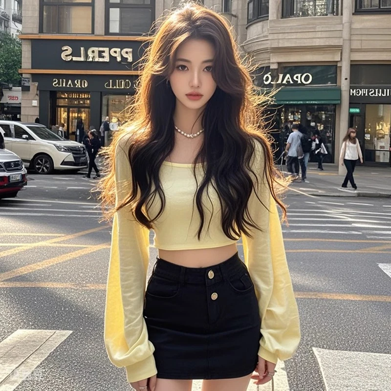 纯欲风辣妹气质黄色辣妹短款长袖上衣女春秋设计感修身显瘦打底衫
