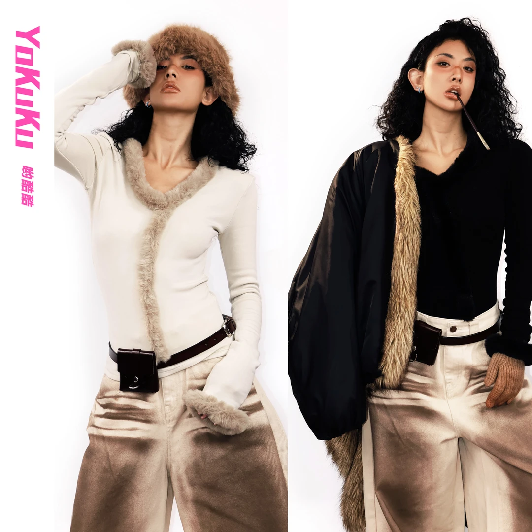 哟酷酷（丹麦公主）美式复古领袖拼接毛条修身显瘦针打底衫长袖上衣