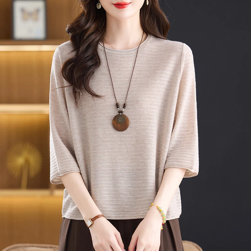 中袖上衣女七分袖毛衣洋气妈妈装高端薄款针织衫早秋2025新款t恤