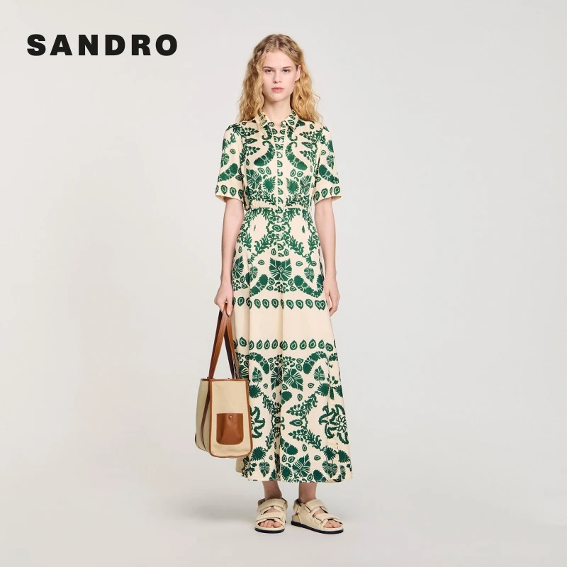 【浅春系】SANDRO2025春夏新款女装植物印花翻领连衣裙SFPRO04145