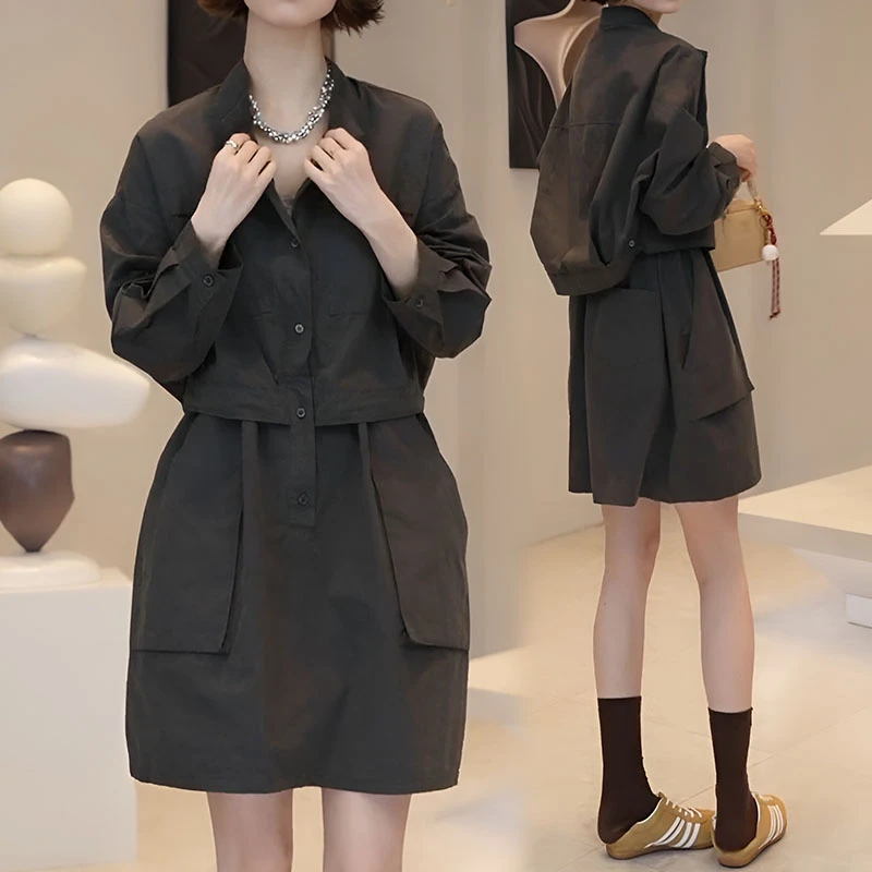 韩版时尚气质工装连衣裙女2025春季小个子百搭休闲宽松设计感裙子