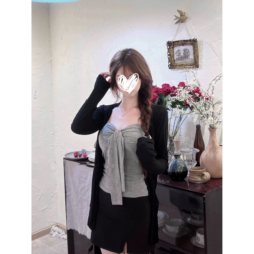 “韩系姐姐”纯欲性感灰色抹胸吊带修身开衫+开叉包臀裙三件套