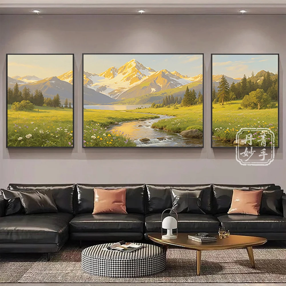 现代简约奶油风日照金山山水风景三联装饰画沙发背景墙客厅挂画