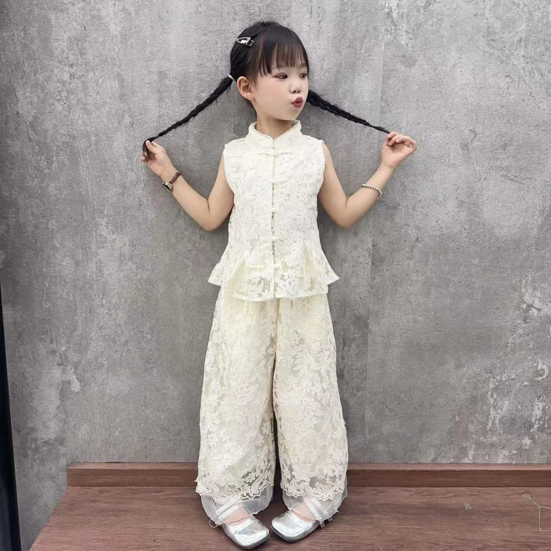女童新中式立领珍珠蕾丝两件套装2025夏季国潮风气质套装