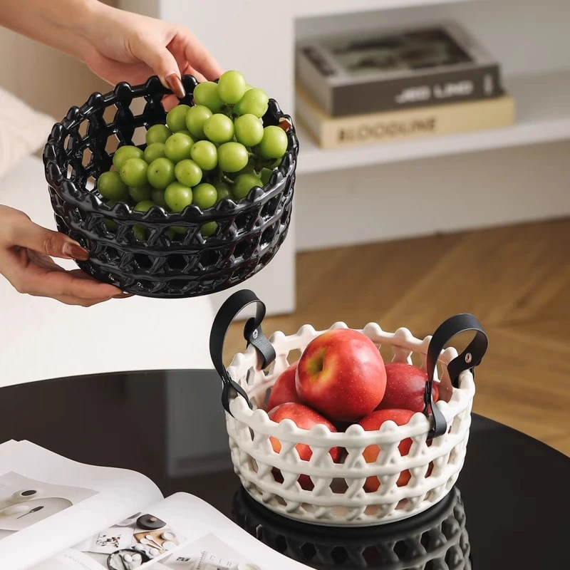 新款陶瓷编织果篮家用客厅水果收纳篮高档创意糖果零食摆放盘摆件