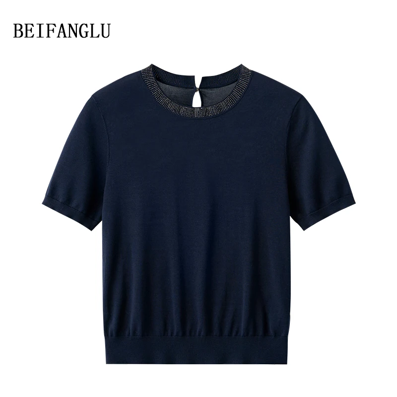 北方鹿100桑蚕丝夏季气质领口烫钻薄针织短袖女251037