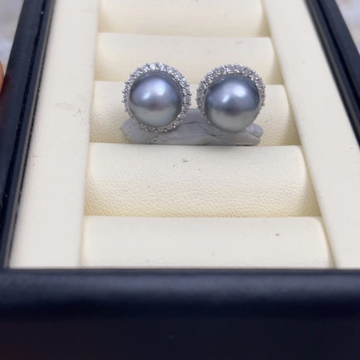 海水珍珠耳饰银S925镶嵌铂金灰耳饰10-11mm