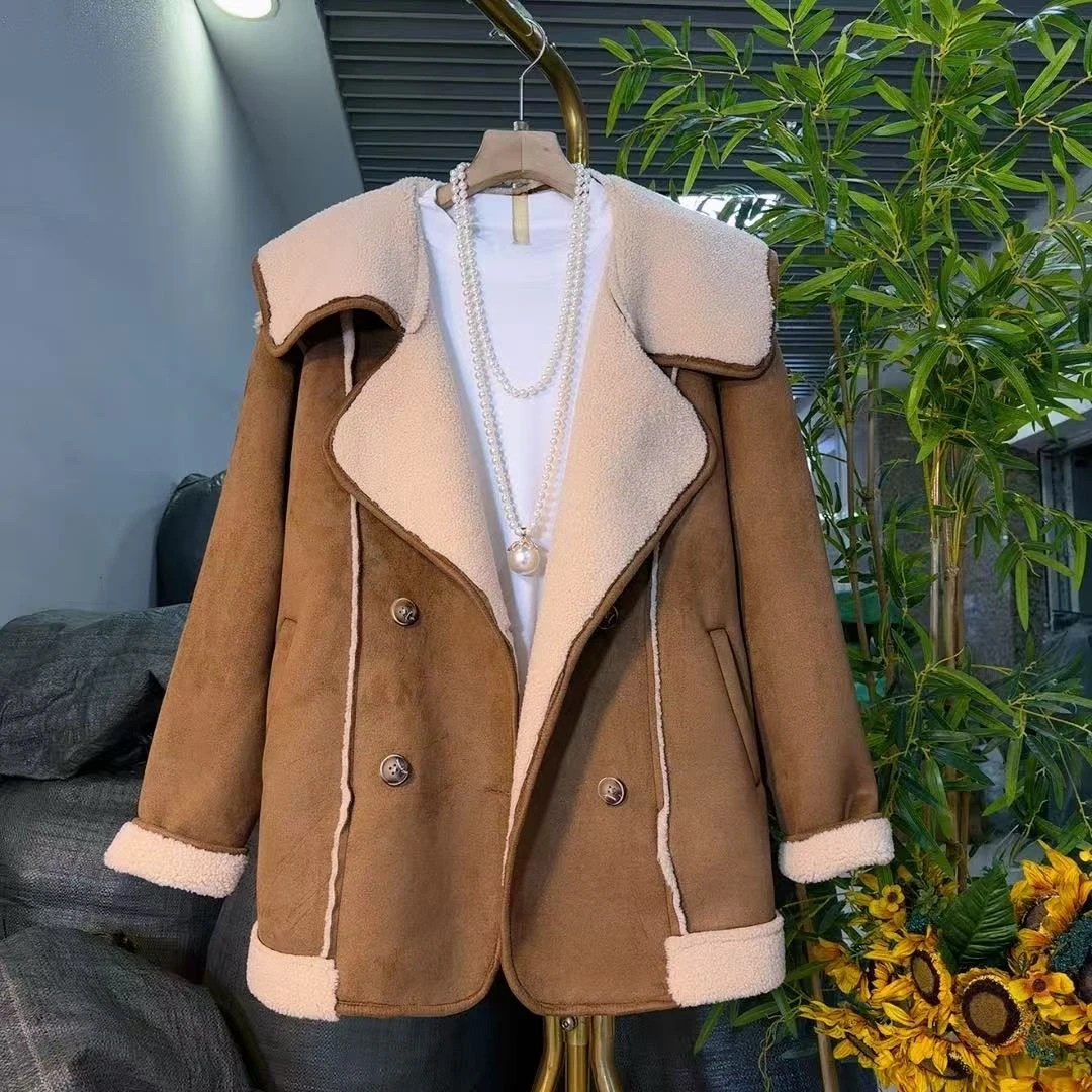 欧货时尚皮毛一体短外套加绒加厚新款大码女装遮肉显瘦秋冬款8802