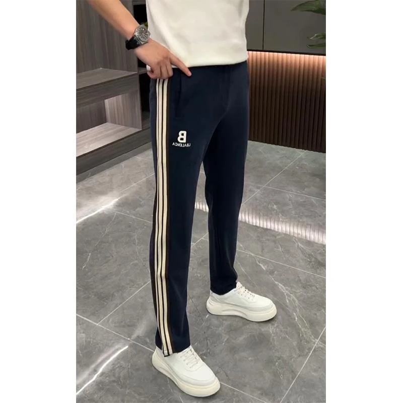 潮牌字母三道杠运动阔腿裤男秋冬新款欧货直筒休闲裤宽松弹力卫裤
