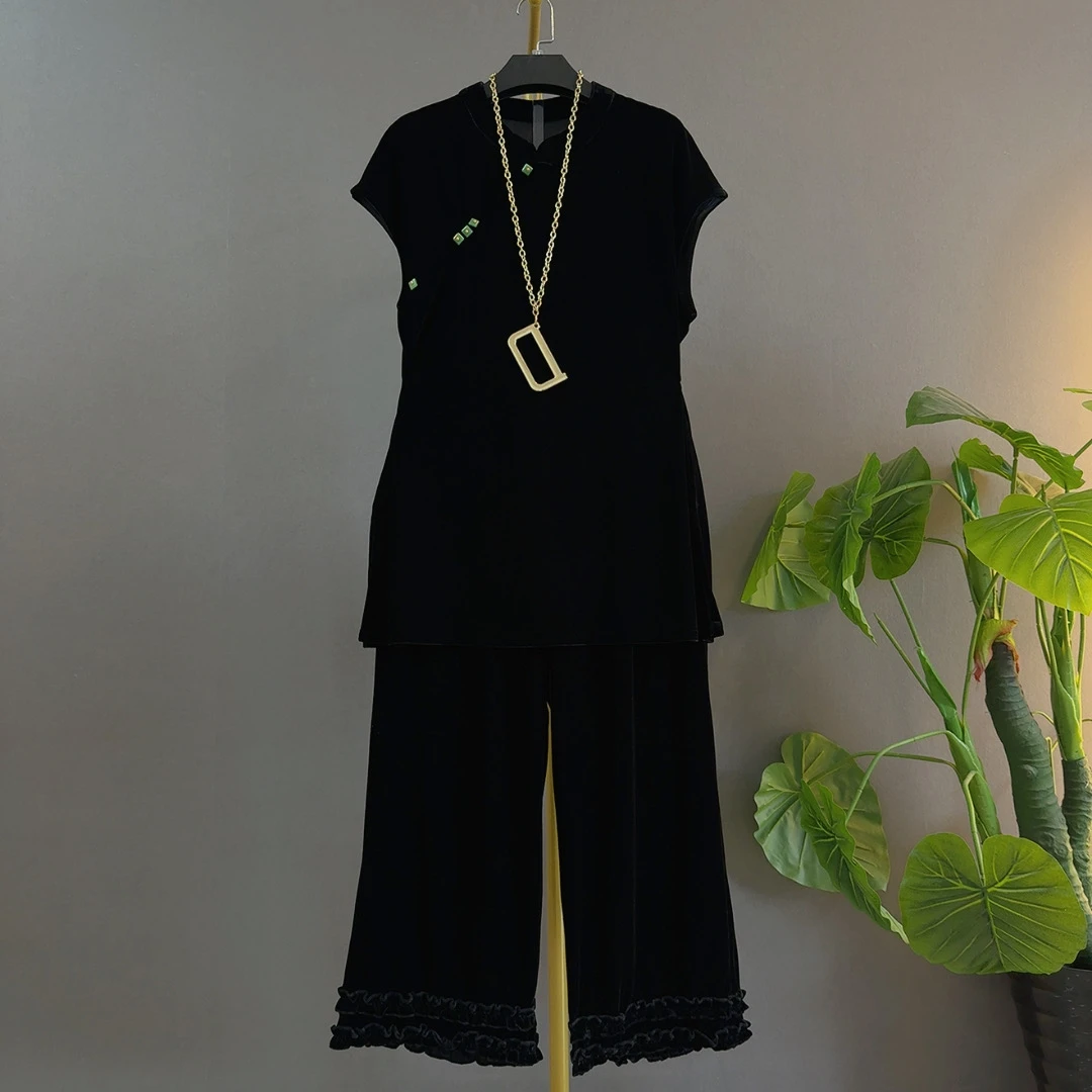 新中式斜襟盘扣国风丝绒早秋新款胖mm阔腿裤遮肉九分裤苹果型宽松