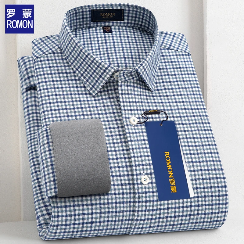 罗蒙加绒格子衬衫秋冬长袖轻奢磨毛中老年爸爸装加厚保暖蓄热衬衣