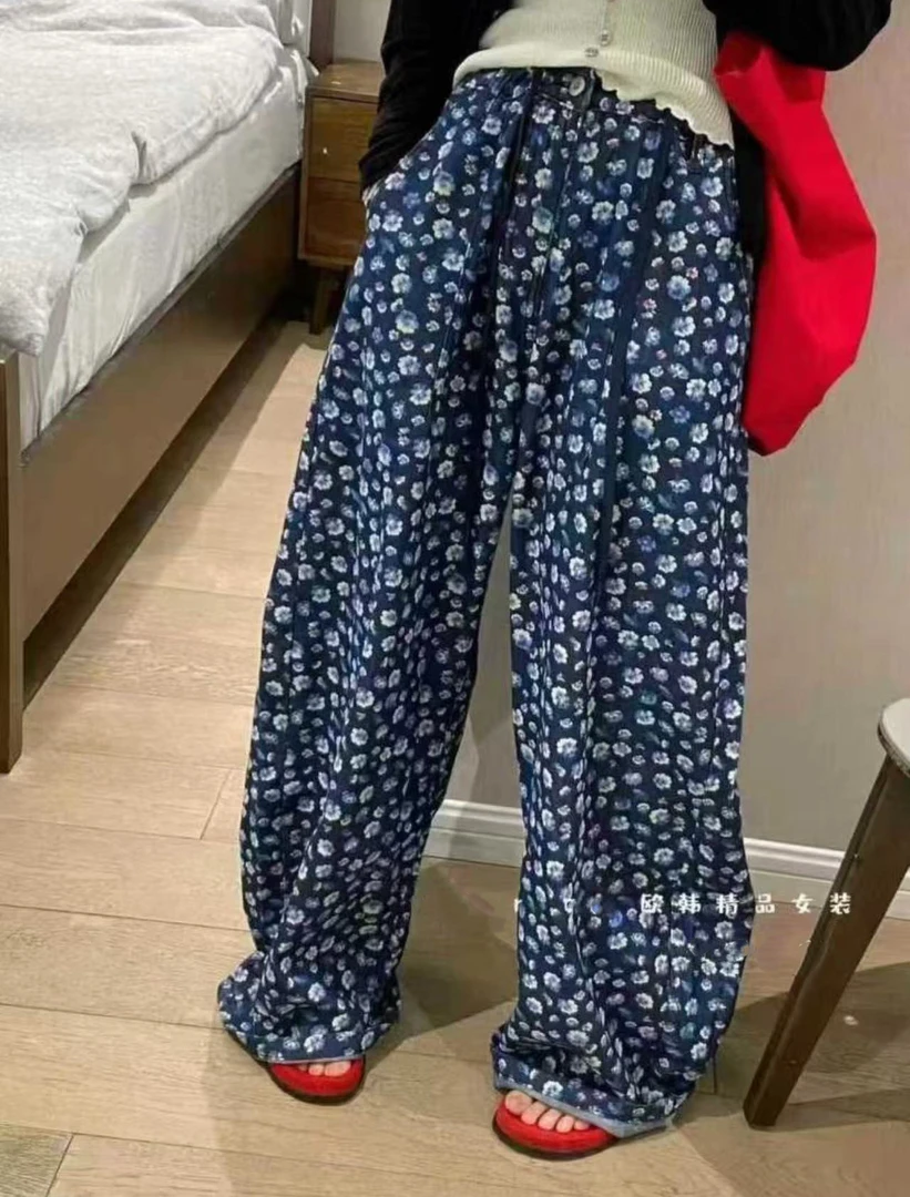 【1915】伊#高腰碎花直筒宽松牛仔裤