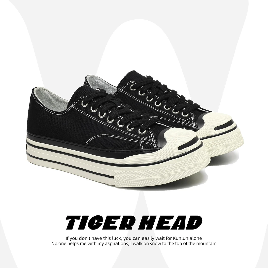 明星同款开口笑夏季帆布鞋透气厚底增高男女同款经典黑白滑板鞋子