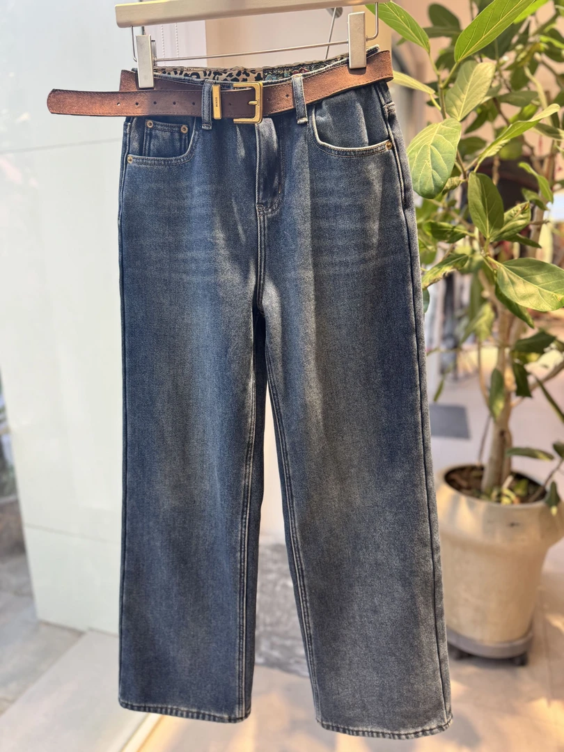 花 加厚冬季加绒豹纹标女士直筒牛仔裤6888