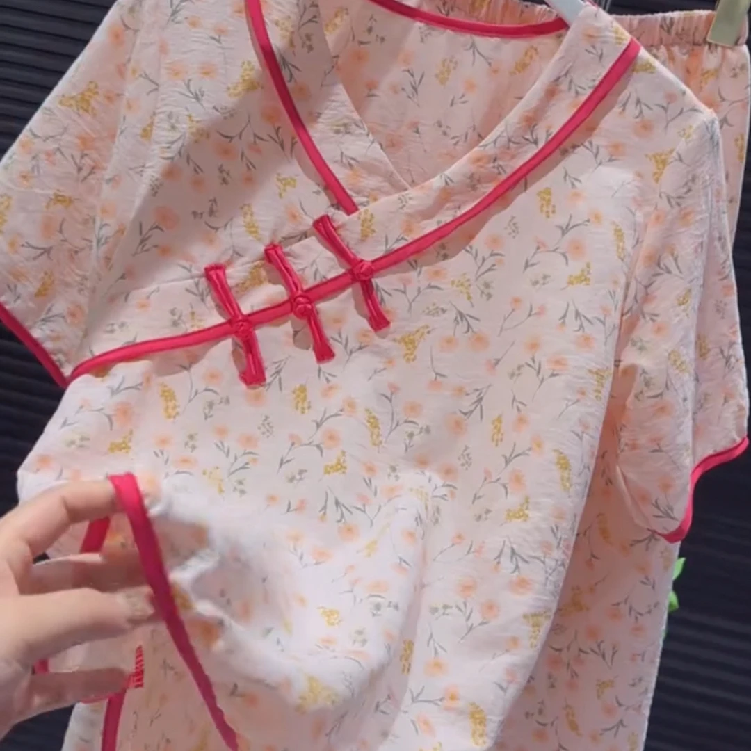 新中式国风盘扣碎花短袖宽松女式睡衣