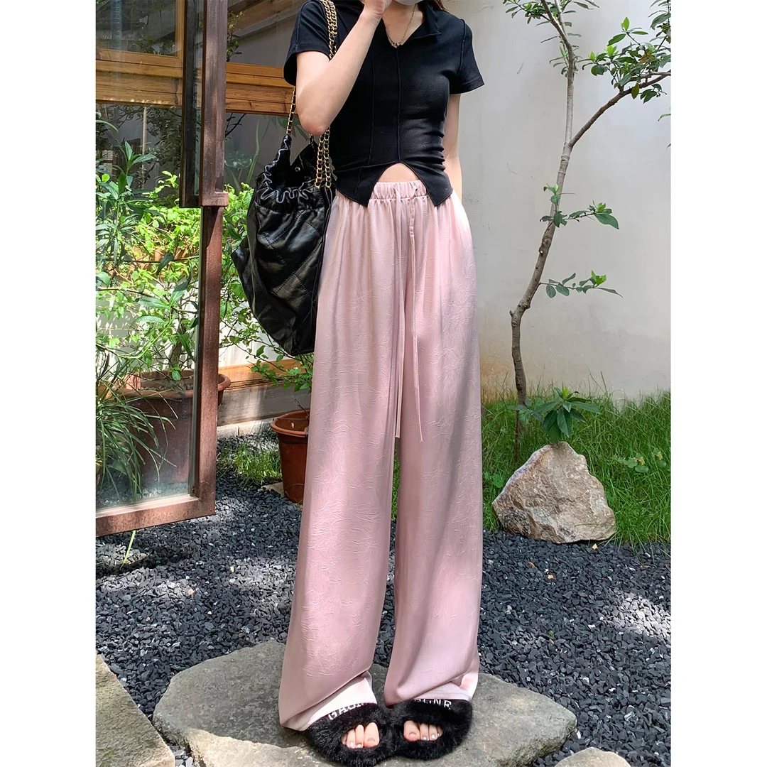韩版粉色阔腿裤女醋酸夏季2025新款缎面冰丝宽松垂感直筒新中式裤