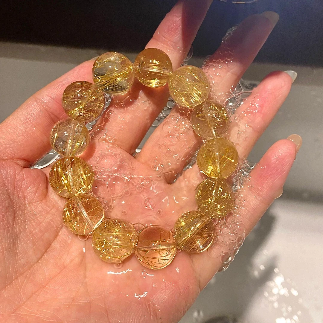 巴西老矿维纳斯金发晶手串天然冰种净体黄发晶招财珠串多样性发一