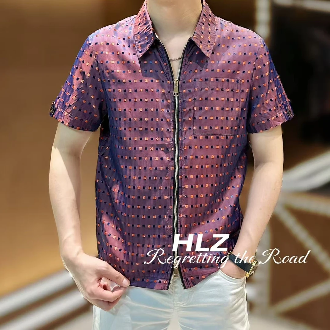 2025夏季新款男士潮流休闲时尚满印图案百搭修身双拉链短袖衬衫