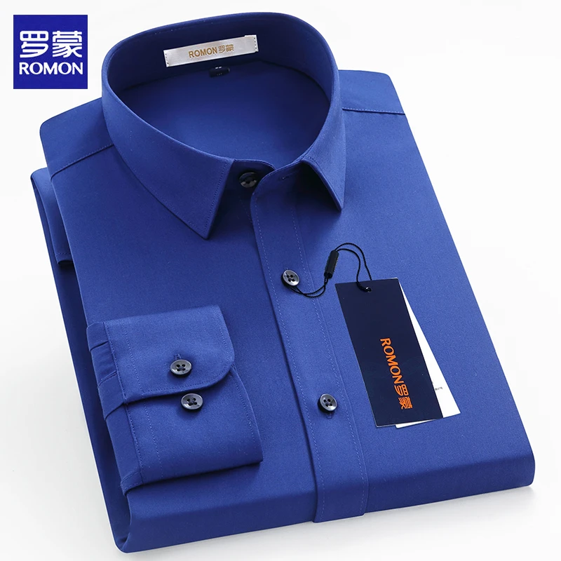 罗蒙高档长袖衬衫男士竹纤维免烫商务宽松百搭寸衫休闲白衬衣男装