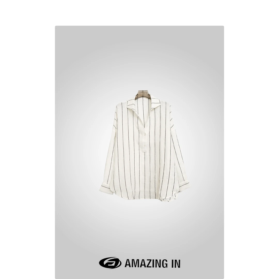 AMAZING IN “线条笔画”100亚麻宽松条纹V领衬衣A240514-NYAJ-0002