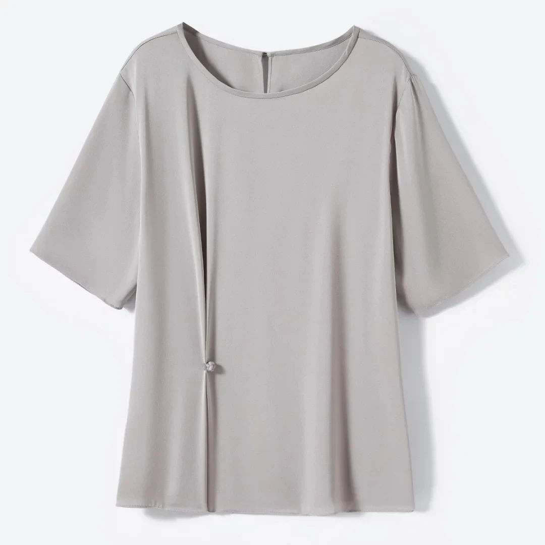 桑蚕丝圆领t恤女短袖简约透气纯色百搭国风小衫1086