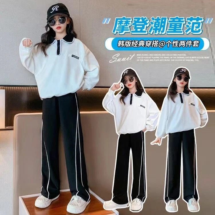 韩国童装女童POLO领套装春秋装2025新款洋气时髦女孩网红两件套ZK