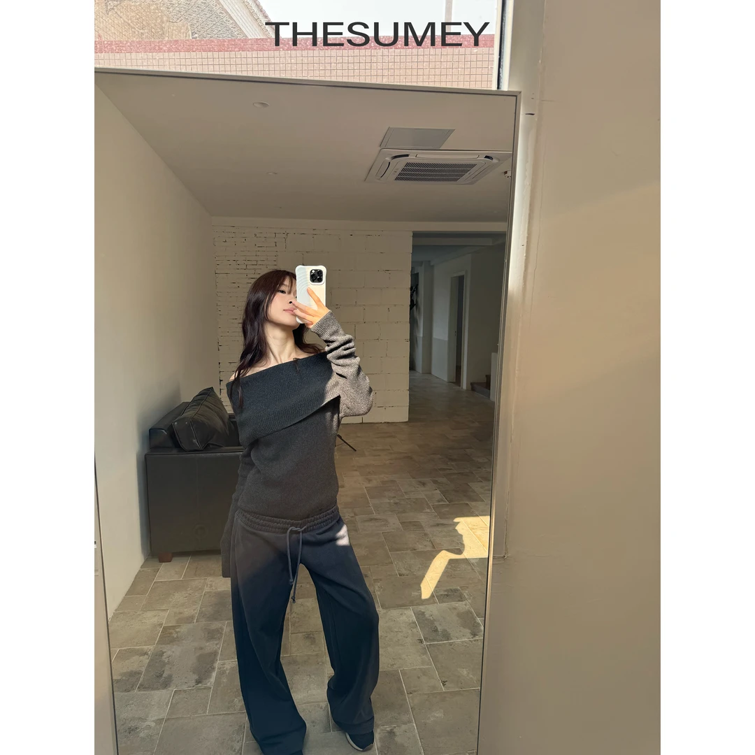 THESUMEY露肩一字领修身针织衫上衣女春季2025年新款显瘦百搭毛衣