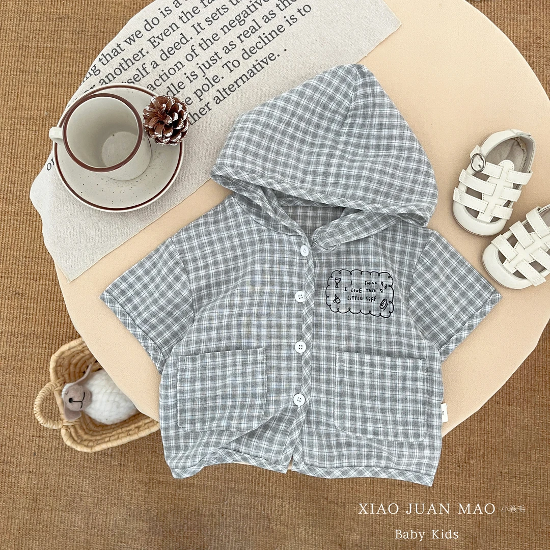 T25X130夏季婴幼儿宝宝韩版时尚休闲百搭连帽单排扣格纹上衣外出
