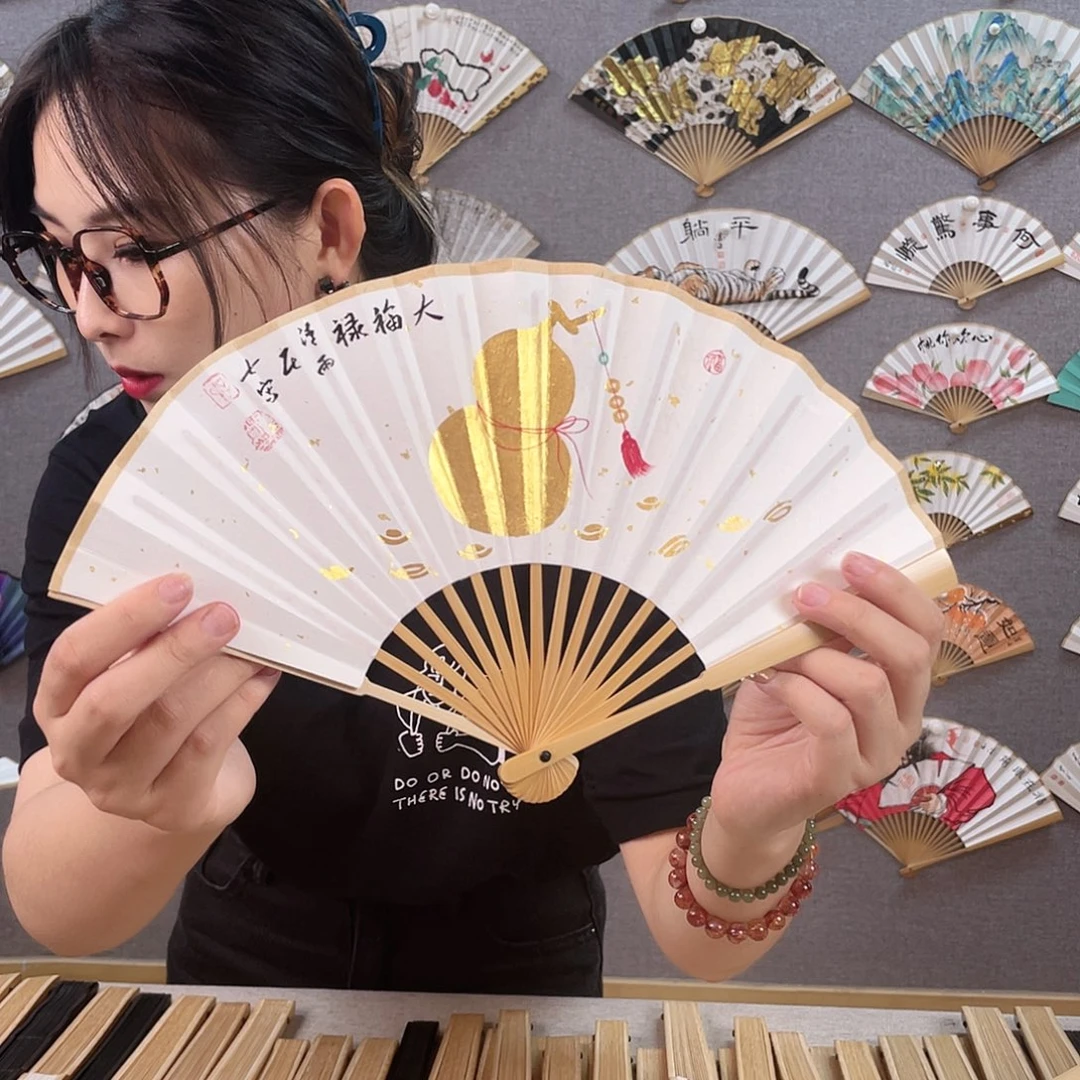 国画6寸玉竹-纯手绘-文玩扇骨（默认粘好）