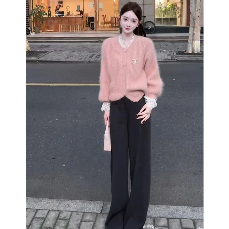 超火早秋穿搭新款套装女2025设计感长袖百搭毛衣时尚裤子两件套