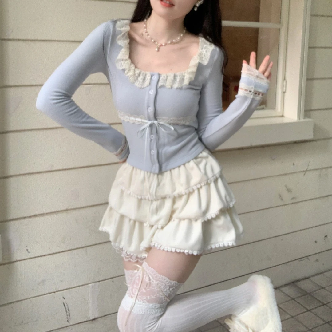 Blovelan海面碎星 甜美纯欲蕾丝花边蛋糕裙芭蕾风短裙半身裙夏