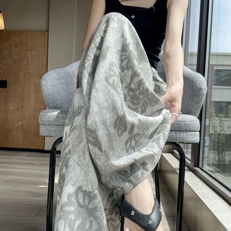 大码胖mm300斤印花阔腿裤女夏季高腰显瘦宽松遮肉直筒慵懒休闲裤