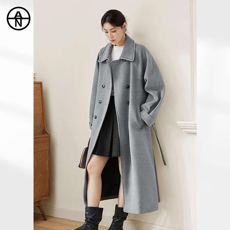 AN大码女装高智感灰色系带毛呢外套冬季新款胖mm撞色花边呢子外套