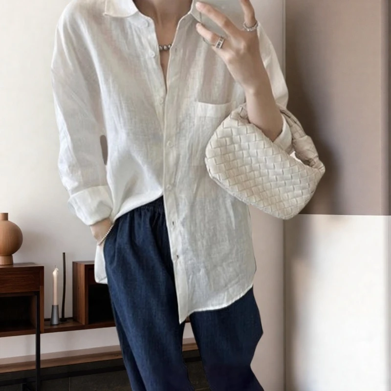 法式白色亚麻衬衫女薄款宽松外搭高端棉麻衬衣夏季老钱风防晒上衣