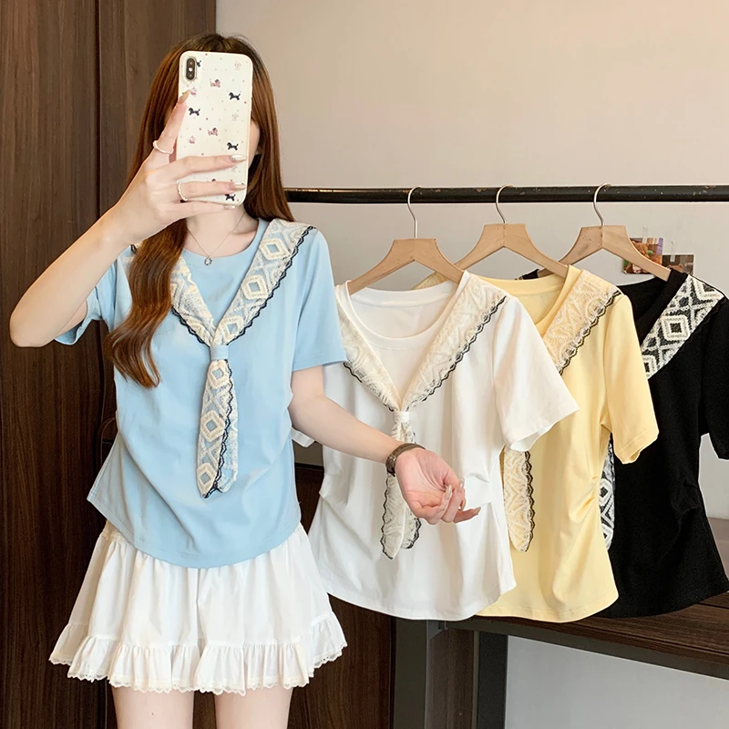 学院风2025夏装新款胖mm大码女时尚减龄修身蕾丝披肩正肩短袖T恤