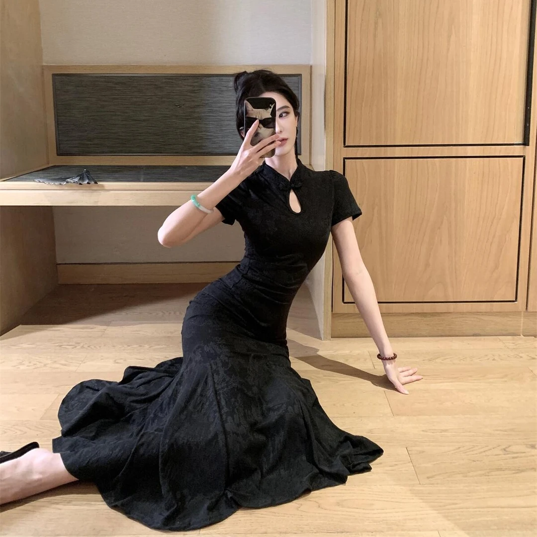 新中式复古黑色提花改良旗袍连衣裙赫本风气质高级感收腰鱼尾长裙