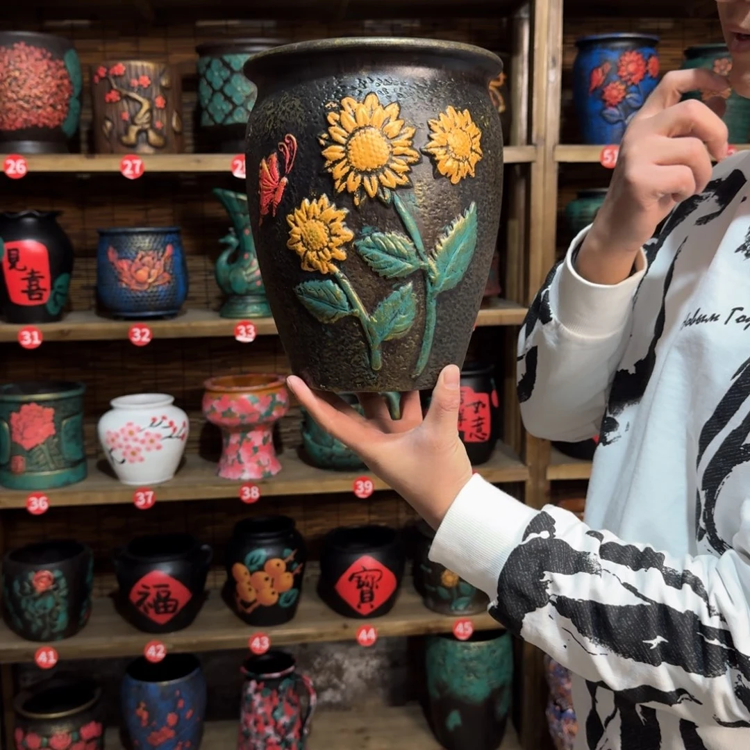 带孔高端浮雕花盆高度+口径25-20