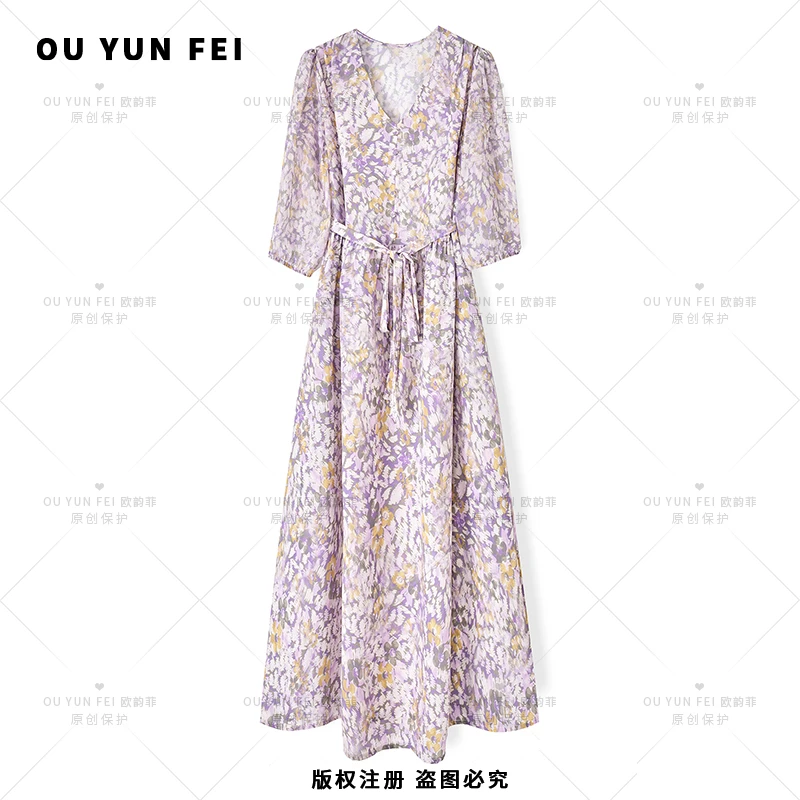 高级感连衣裙女新款气质显瘦穿搭时尚洋气印花长裙AQ1009