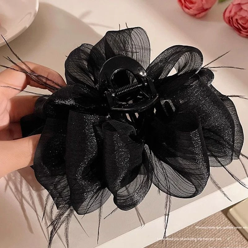 秋冬季羽毛泡泡纱抓夹蝴蝶结新款网纱发夹后脑勺鲨鱼夹子头饰发卡