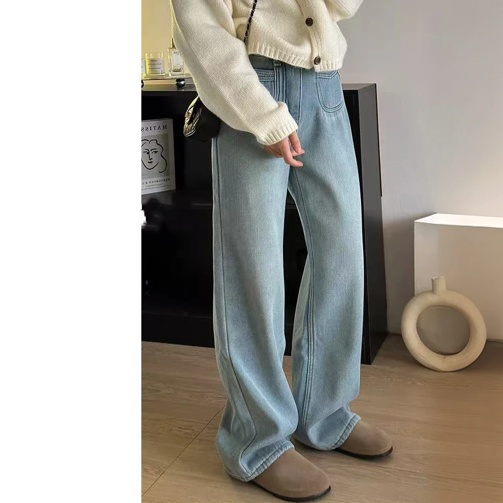 蓝色高腰直筒牛仔裤女冬季加绒大码胖mm宽松显瘦梨形身材阔腿裤子