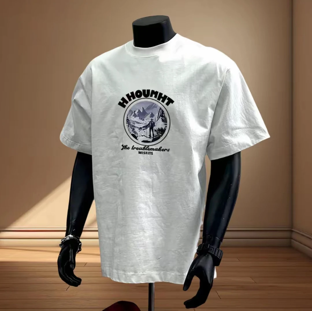 圆领夏季简约印花透气T恤休闲潮流纯棉男士白色时尚百搭半袖个性