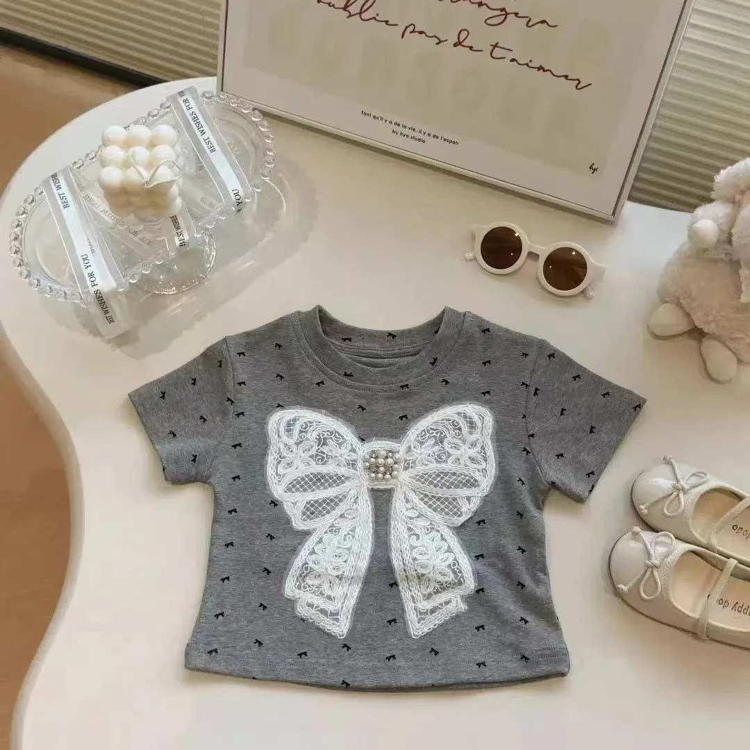 2025全新夏款女宝时尚灰底印花立体蝴蝶结短袖T恤潮流时尚爆款T恤