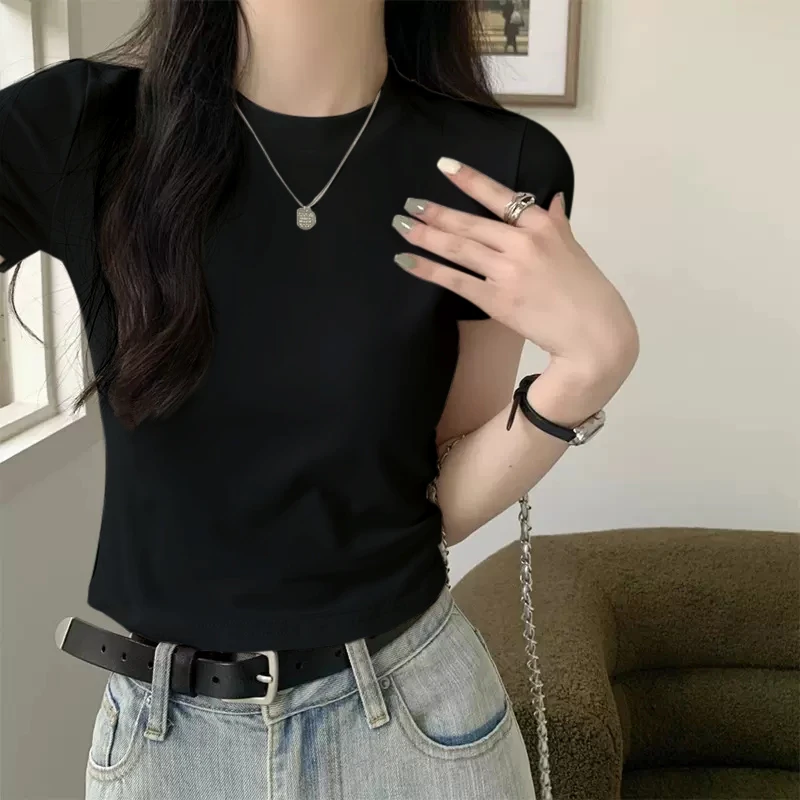 2025春夏新款正肩女t恤短袖修身显瘦圆领纯棉设计感小众百搭上衣