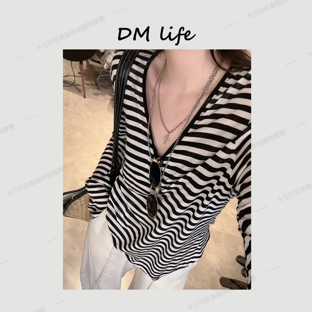 DMlife 【慵懒条纹】夏季新款韩版时尚百搭洋气宽松显瘦防晒T恤女