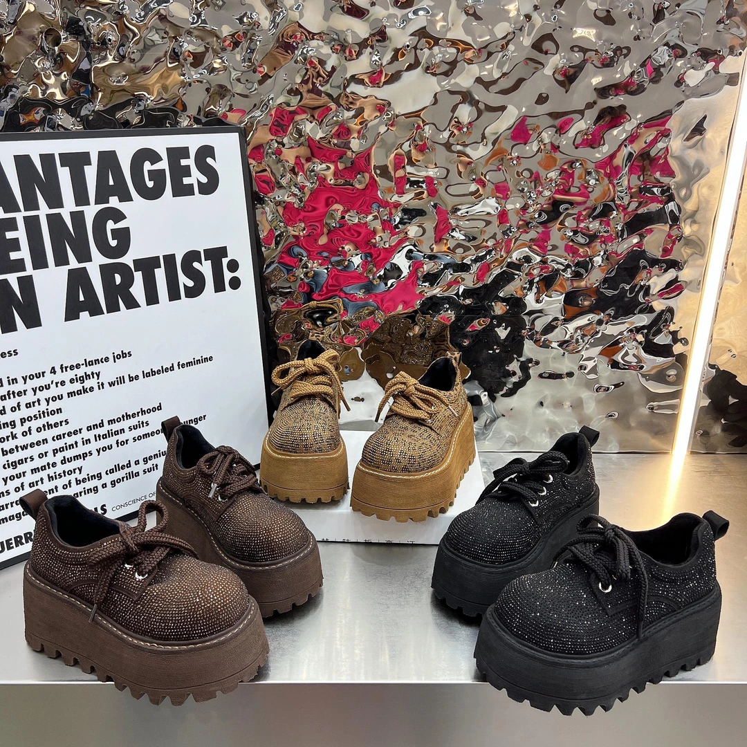 满天星乐福鞋女2025新款松糕厚底小个子增高系带休闲鞋低帮鞋单鞋