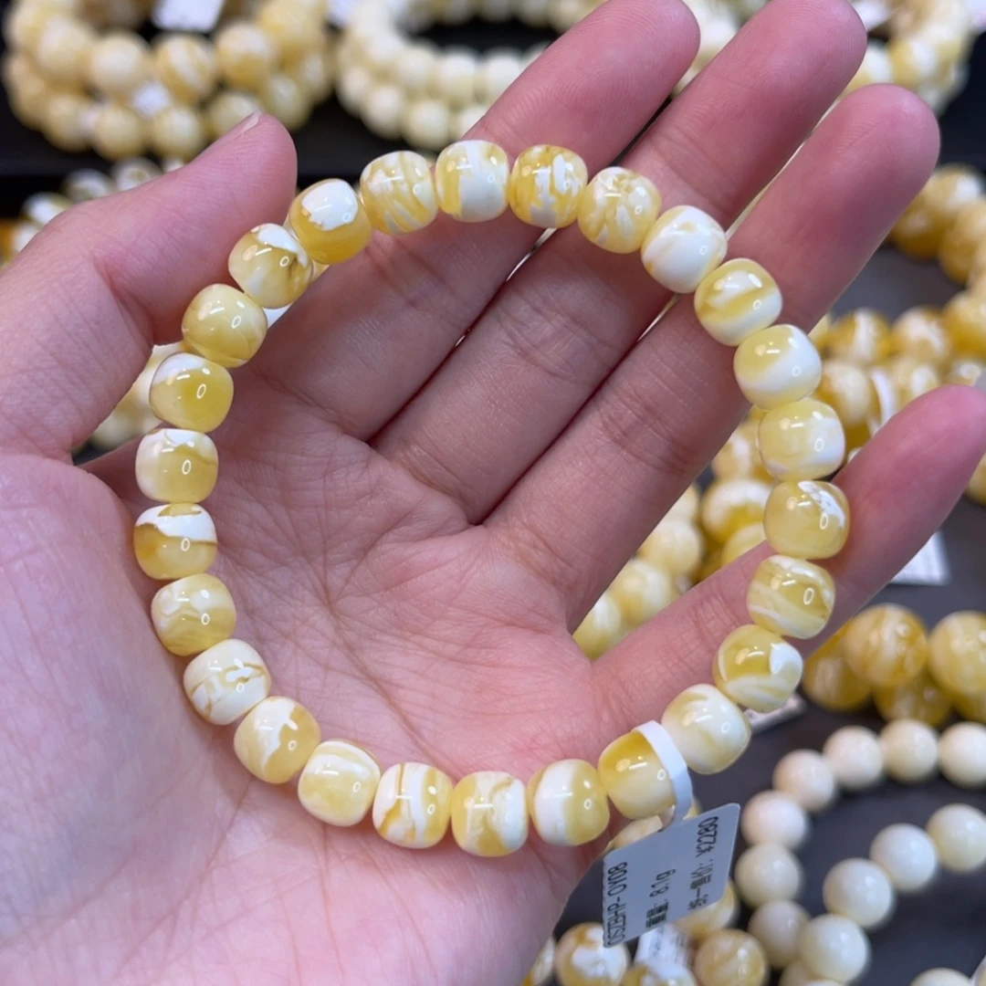 手串蜜蜡未镶嵌8*7.5mm金瓷白虎皮妖花