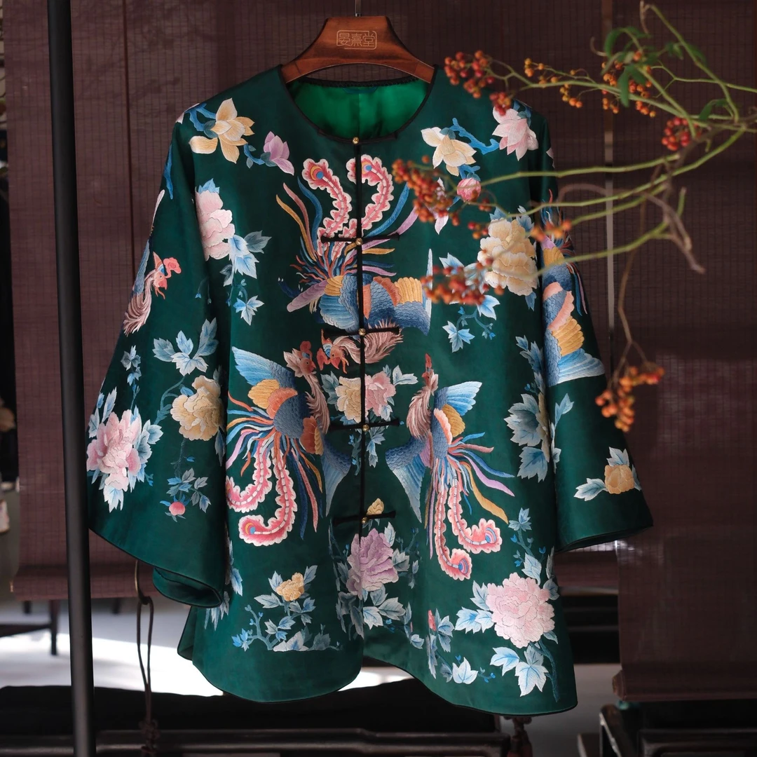 【晏熹堂 凤穿牡丹】手工手绣凤凰元素对襟加棉上衣
