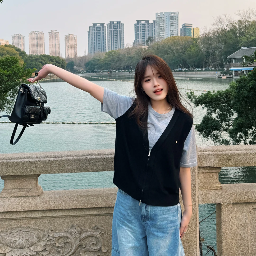 双拉链假两件V领薄款针织衫