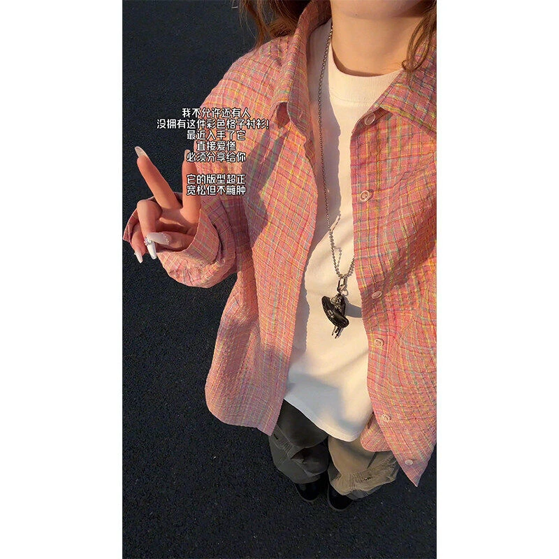 粉红色泡泡纱衬衫男款春cleanfit美式复古格纹外套设计感宽松衬衣